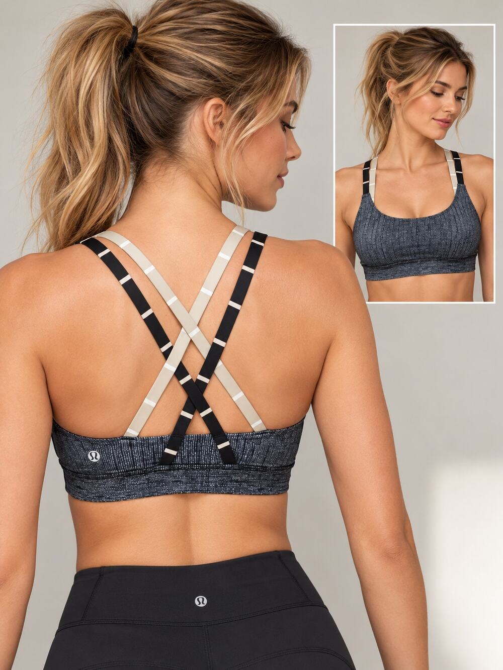 LULULEMON Energy Bra Burlap Texture Black Dune Cayman Stripe Size 6 Strappy